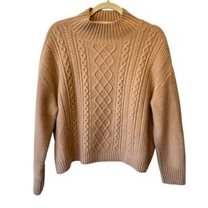 Ann Taylor Loft sweater M Biege Mock neck Cable knit Wool blend Long sleeves